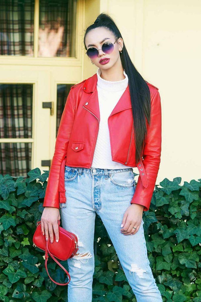 Red Leather Jacket With Ripped Jeans