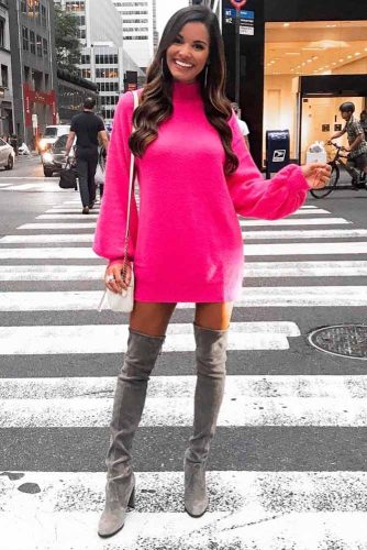 A Warm Neon Pink Sweater Dress With Long Sleeves #neonpink #longsleeves