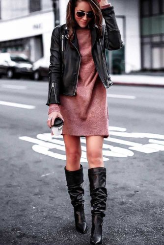 A Sweater Dress With Motor Jacket Outfit Idea #motorjacket #highboots