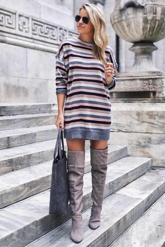 A Striped Sweater Dress Outfit #stripeddress #overkneeboots