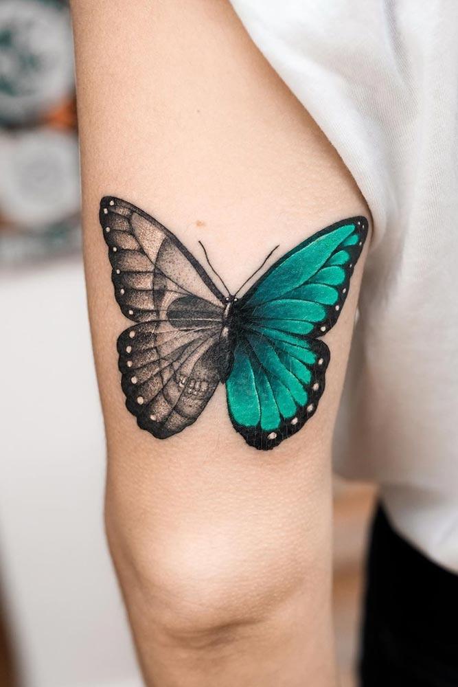 Half Colored Butterfly Tattoo With Skull