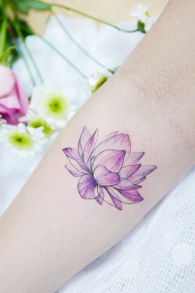 Forearm Watercolor Lotus Flower Tattoo #lotusflowertattoo #purplelotus #watercolortattoo