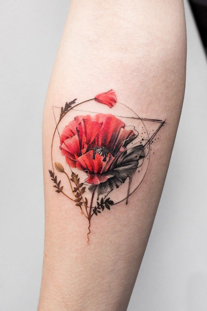 Poppy Flower Watercolor Tattoo With Geometric Elements #poppyflowertattoo #poppyflower