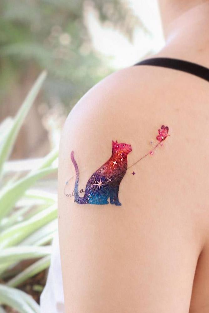 Cute Galaxy Colored Cat Tattoo