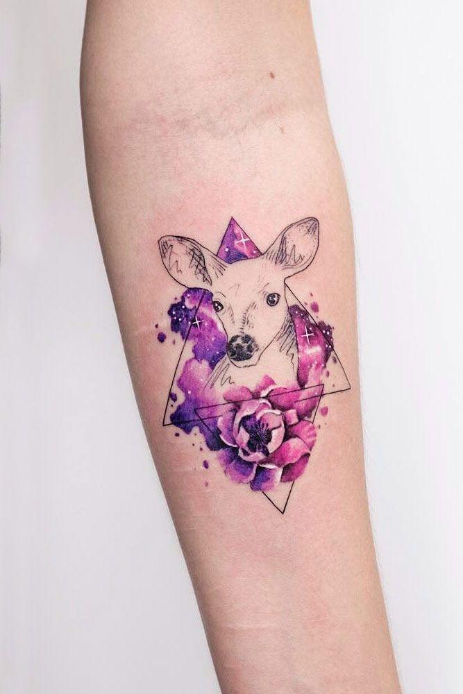 Forearm Galaxy And Geometric Deer Tattoo #deertattoo #galaxytattoo #watercolortattoo