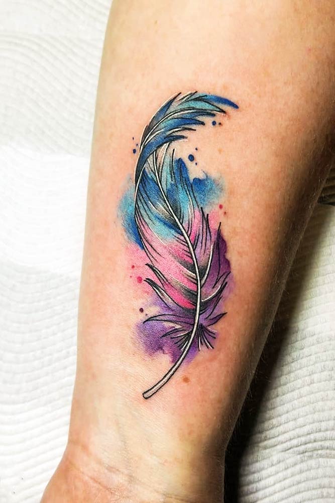 Watercolor Feather Tattoo Design #feathertattoo #armtattoo