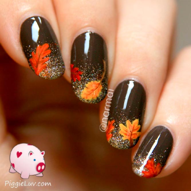 Sparkly Glitter Ombre With Leaves #glitternails #fallnails