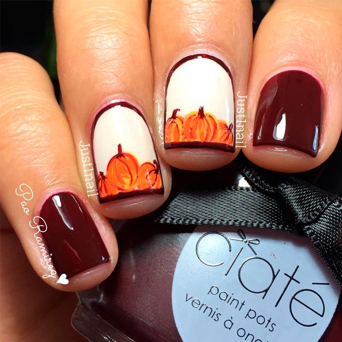 Frame Nail With Pumpkins #fallnails #handpaintednails