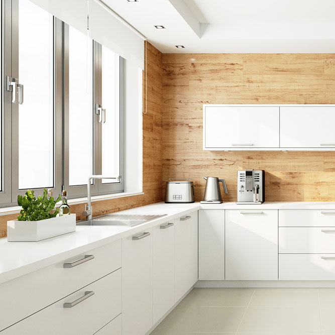 White Kitchen With Wood Backsplash #homedecor #stylishhome #modernkitchen