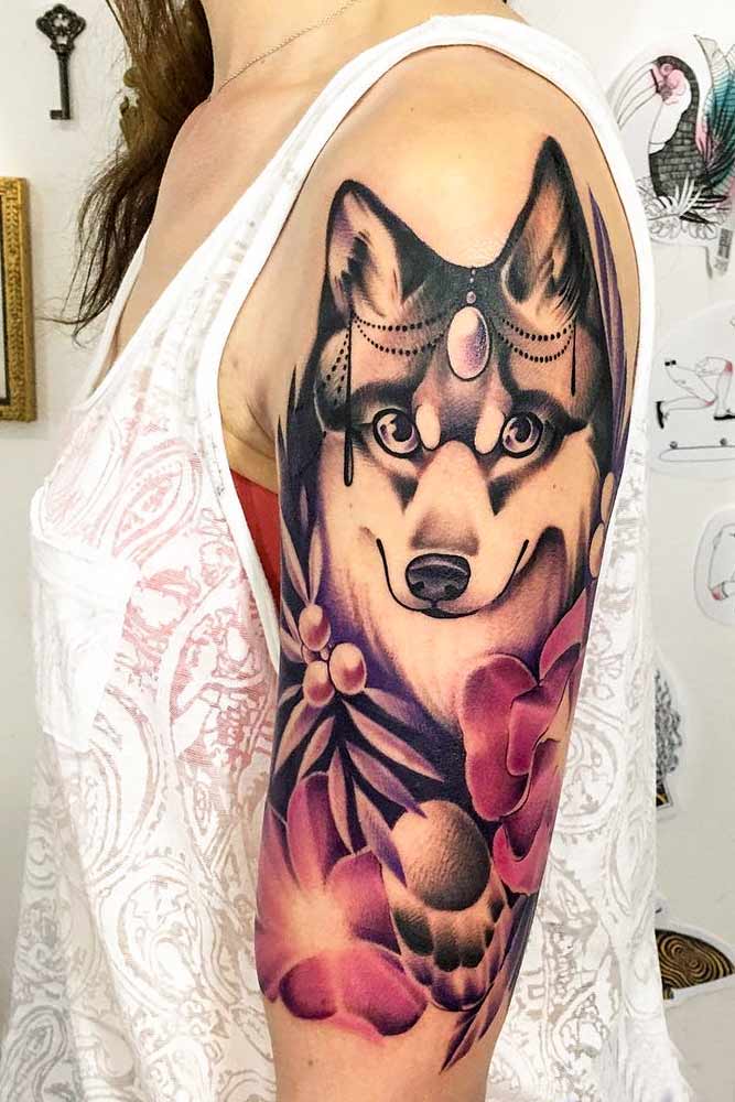Wolf Tattoo With Flowers #flowerstattoo