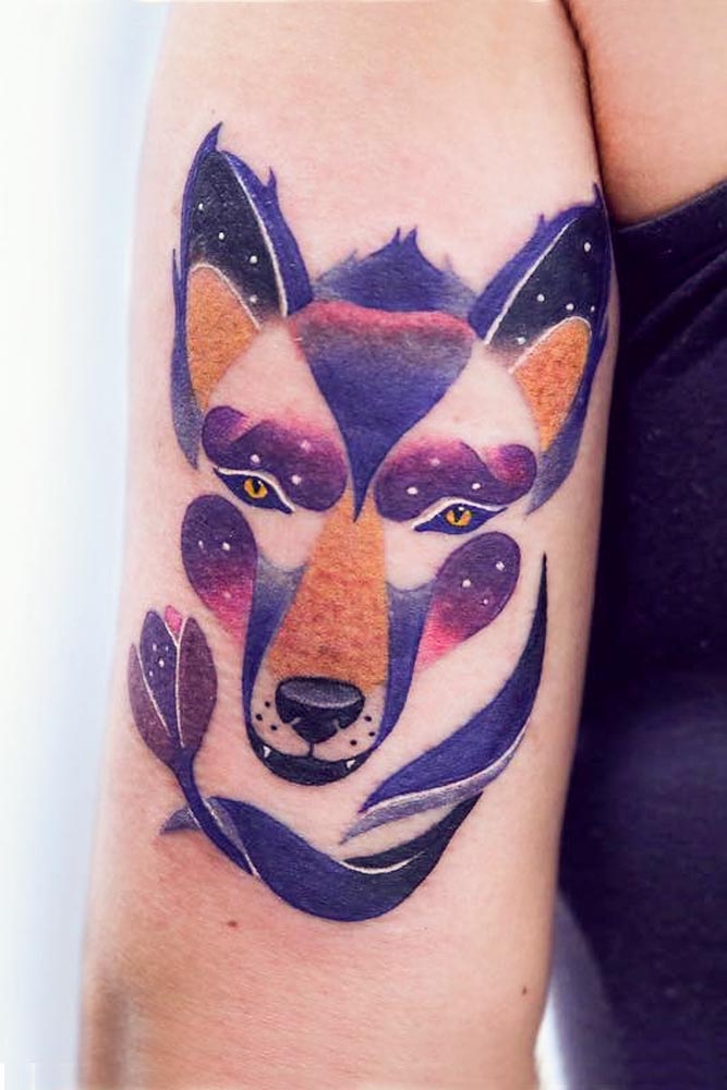 Abstract Wolf Tattoo With Galaxy Colors #galaxytattoo