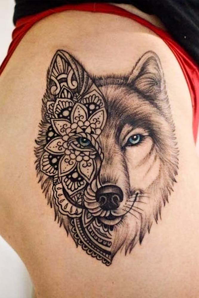 Half Mandala Wolf Tattoo For Thigh #mandalatattoo