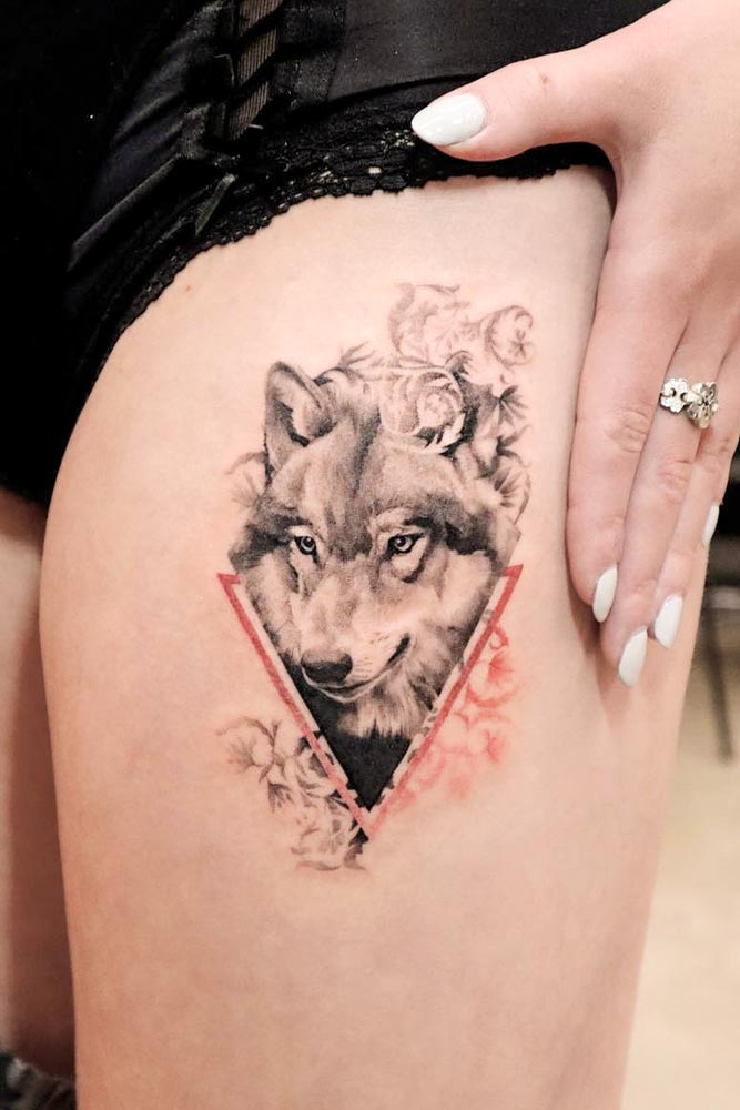 Black And White Wolf Tattoo With Geometric Elements #geometrictattoo