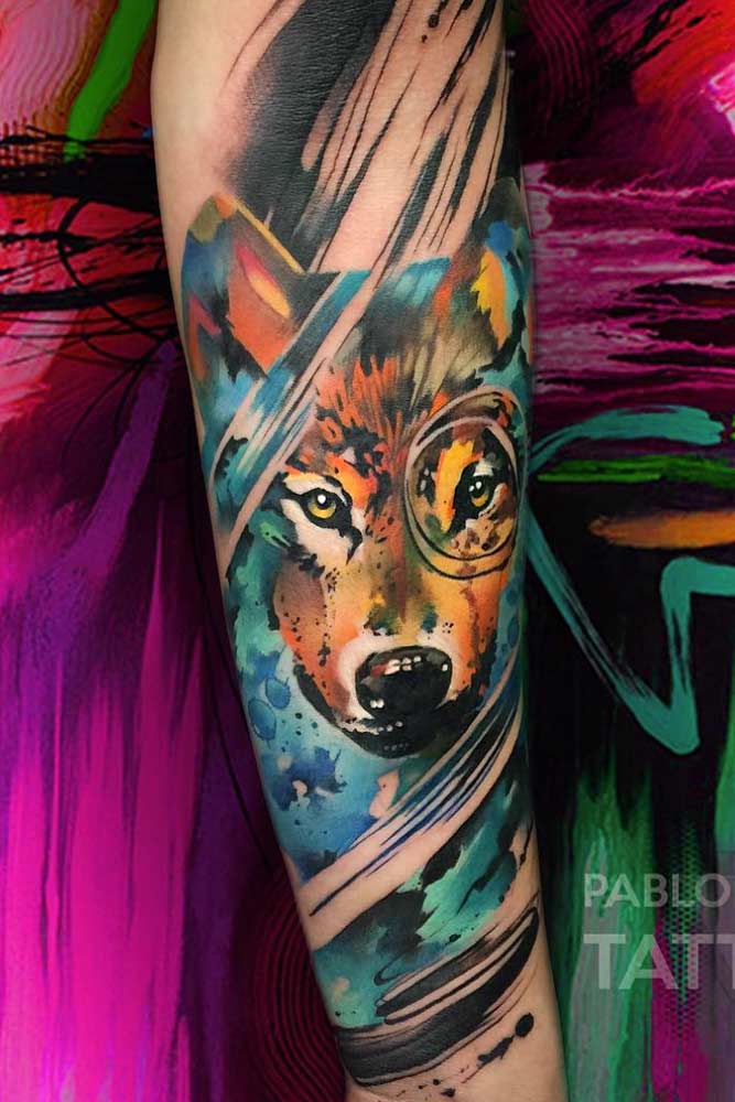 Colorful Wolf Arm Tattoo Design #armtattoo