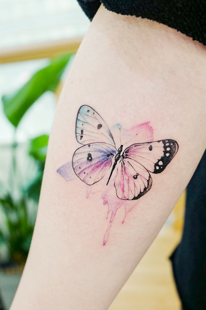 Colorful Butterfly Tattoo On Side Leg