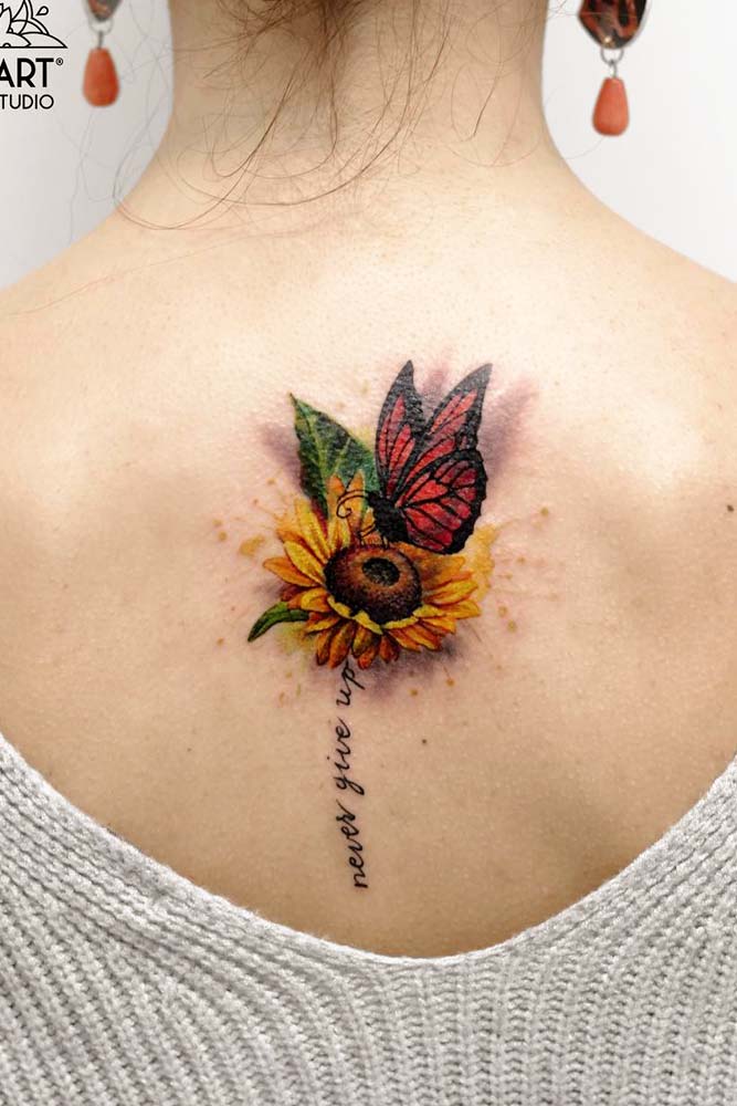 Colorful Butterfly Tattoos On Back #flowertattoo #colorfultattoo