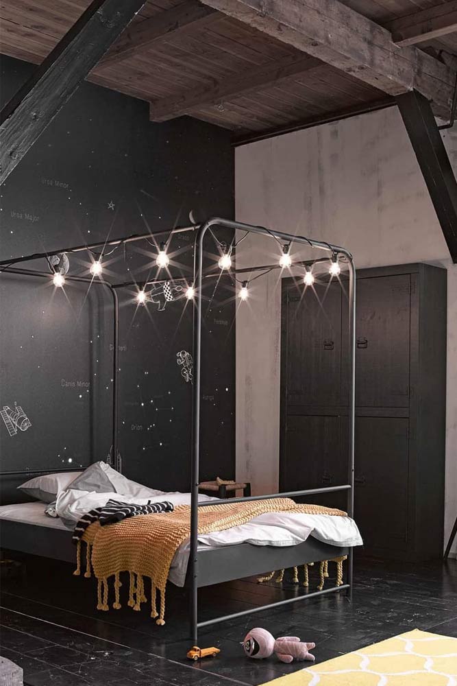 Black Canopy Bed With Lights #stringlights #minimalisticbedroom