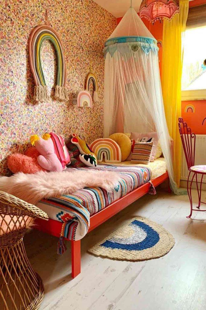 Kids Bedroom With Canopy Bed In Bohemian Style #rainbowwalldecor