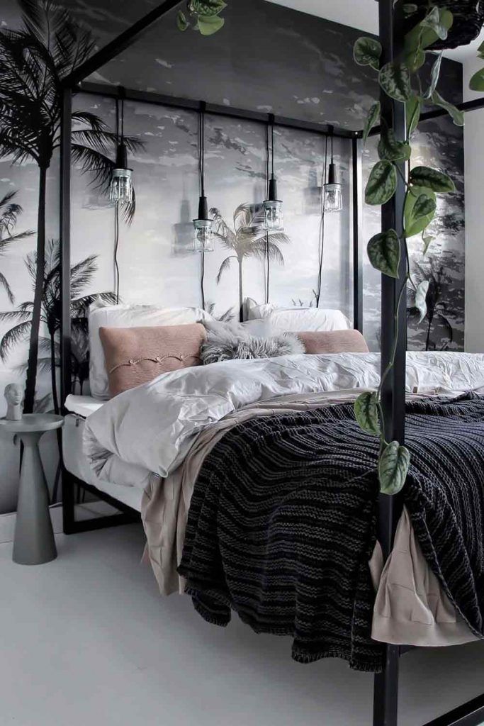 Modern Metallic Canopy Bed With String Lights And Plants Décor #stringlights