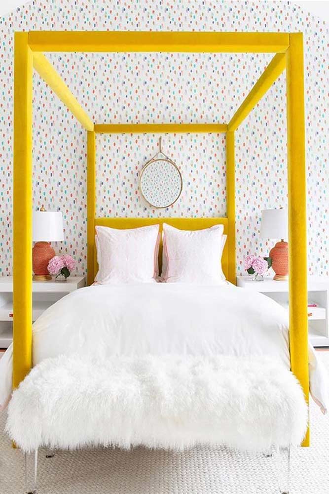 Wood Canopy Bed In Yellow Color #woodcanopy #yellowcanopy