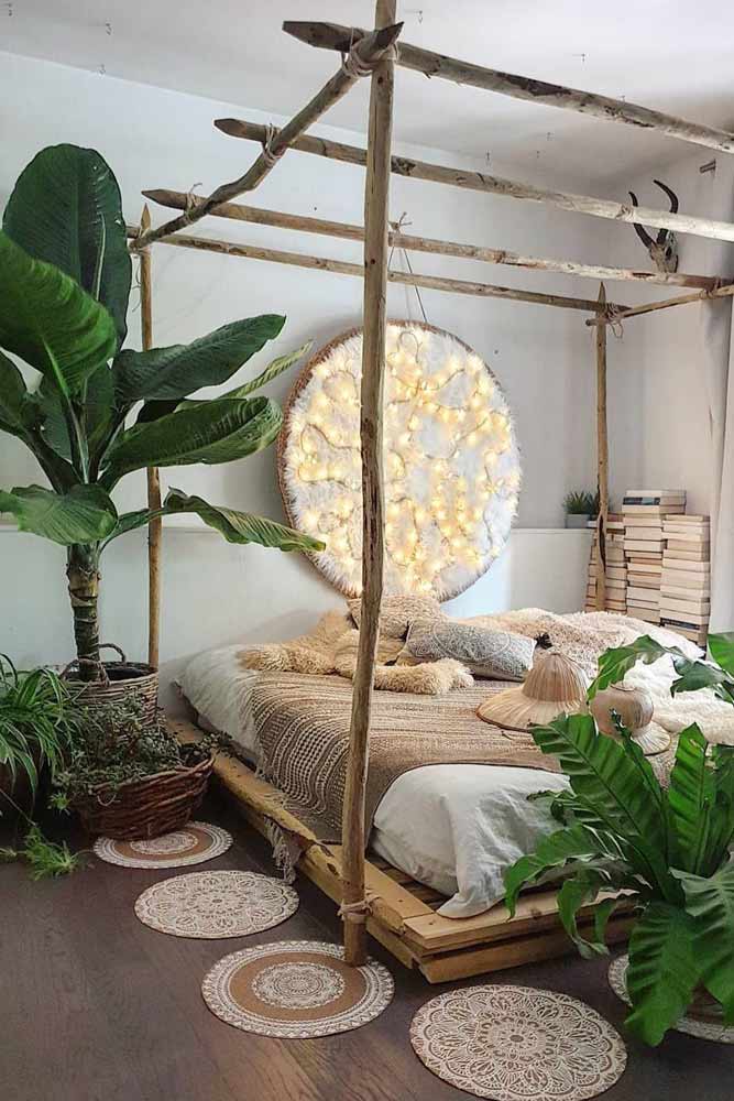 Boho Bedroom Design With Rustic Bed #plants