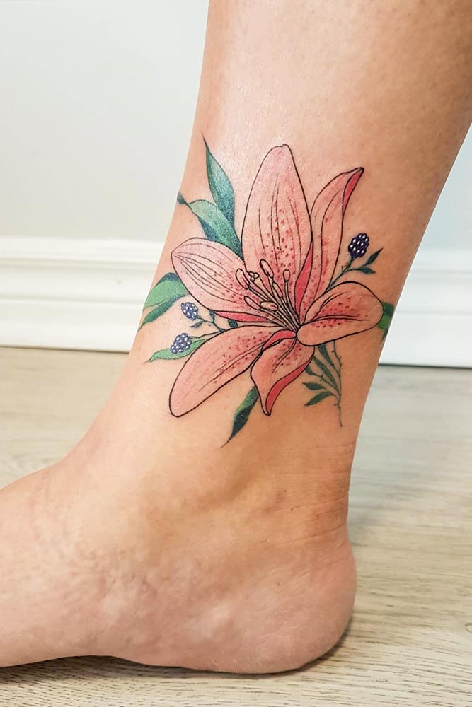 Tatuagem fofa de flor de lírio para perna #lilyflowertattoo