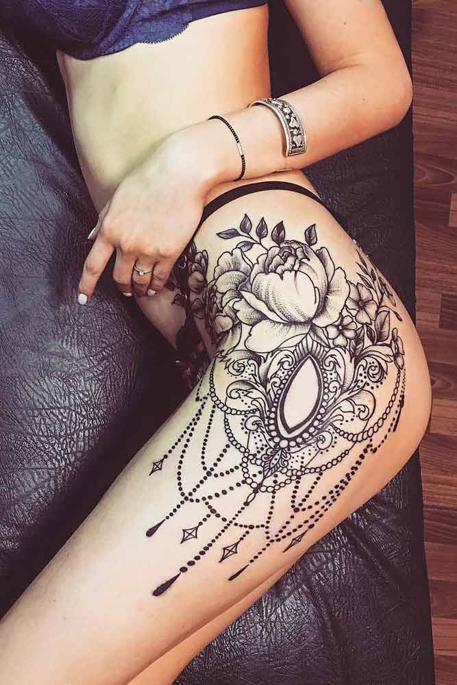 Thigh Mandala Peony Tattoo Design #thightattoo #peonytattoo