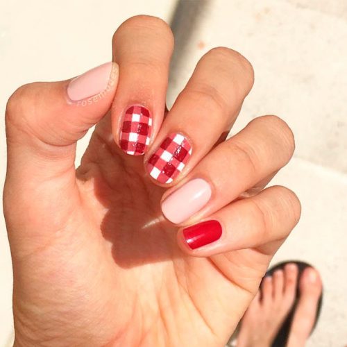 Glossy Red Pattern With Nude Accents #nudenails #rednails