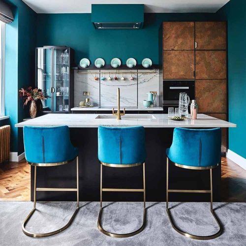 How Big Should Tthe Island Be? #bluekitchencolor #modernchairs