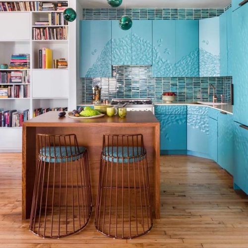 Ocean Inspired Kitchen With Small Wooden Island #woodenisland #stools