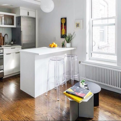 small white kitchen island with stools