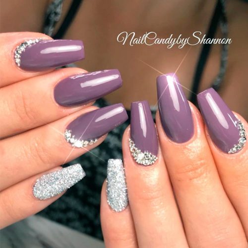 Dark Mauve Purple Nails With Tiny Rhinestones Bottom Design #rhinestonesnails #coffinnails