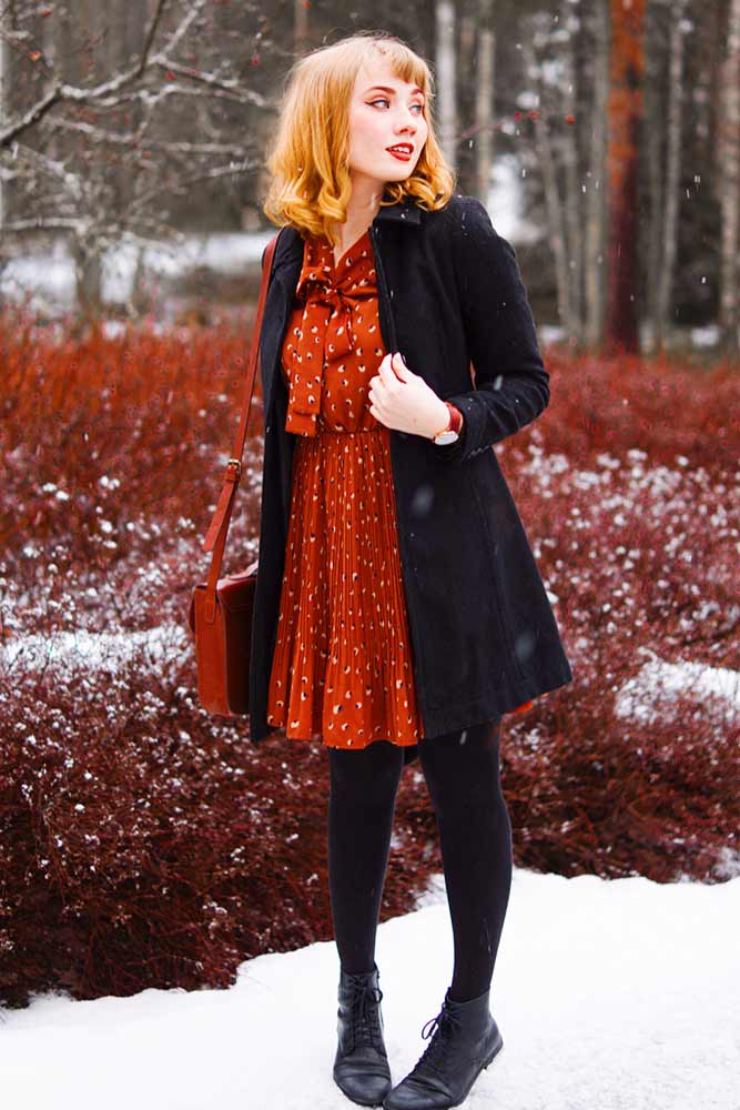 Short Dress With Black Tights #reddress #wintercoat