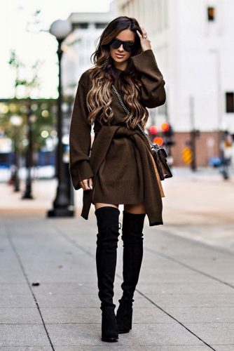 Warm Dress With Over The Knee Boots #overthekneeboots #browndress