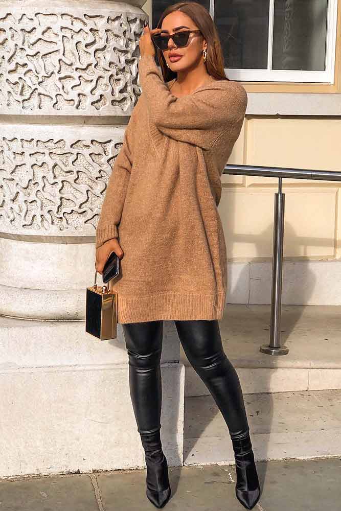 Sweater Dress Over Black Leather Pants #leatherpants