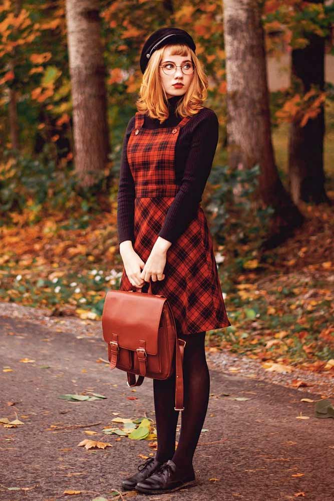 Dress Over A Long-Sleeve Turtleneck #plaiddress #reddress