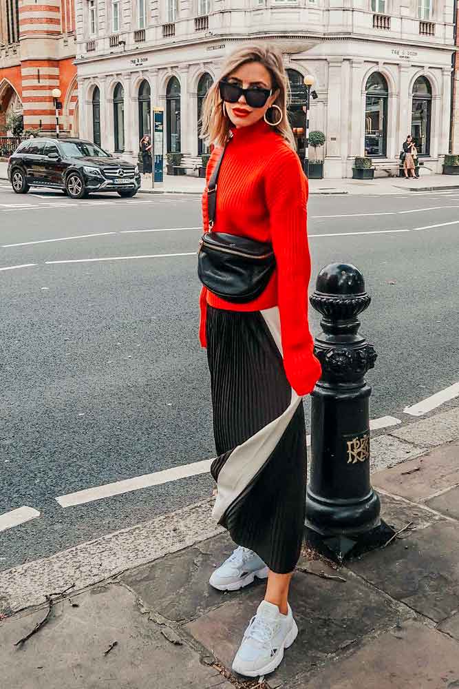 Maxi Dress With Bright Oversize Sweater #redsweater #oversizesweater