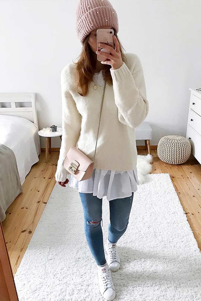 >Dress Combined With Jeans And Sweater #winteroutfits