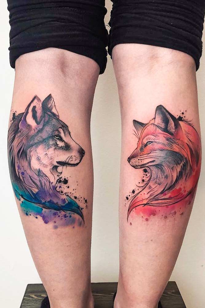 Watercolor Wolf And Fox Tattoo For Legs #foxtattoo #legtattoo #watercolortattoo