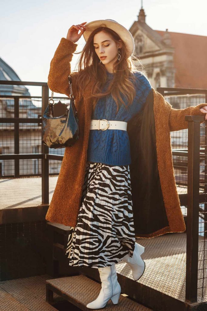 Faux Fur Coat with Midi Print Skirt