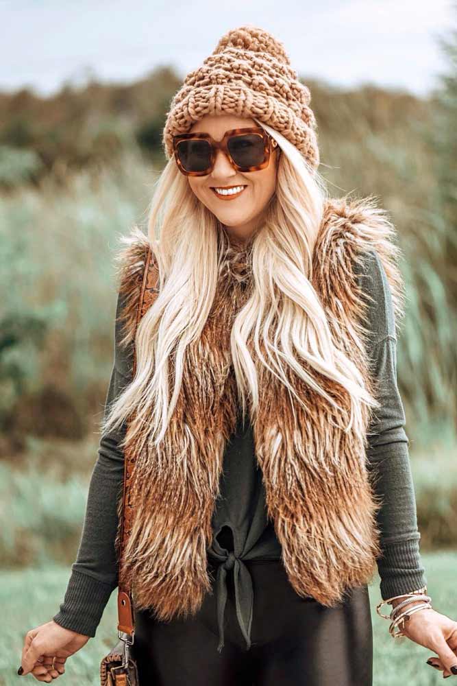 Faux Fur Vest With Leather Pants #furvest #brownfurvest