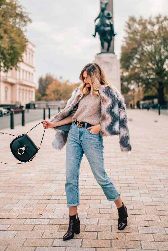 Colored Fur Jacket With High Jeans And Patent Leather Boots #leatherboots #colorfulfur