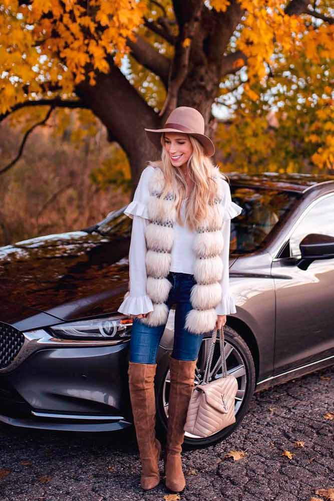 Fur Vest Combined With Hat And OTK Boots #hat #furvest