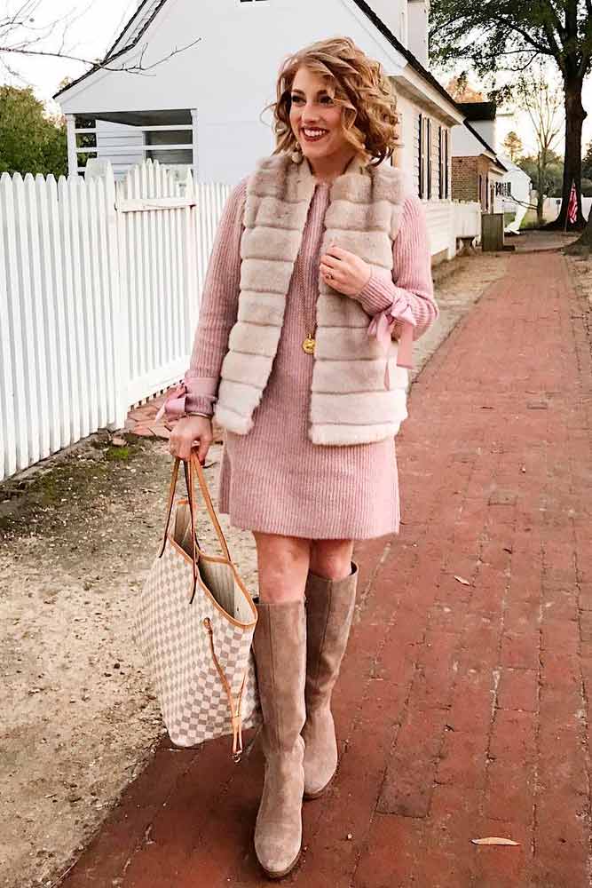 Fur Vest And Long-Sleeved Dress #pinkdress #furvest #fauxfurvest