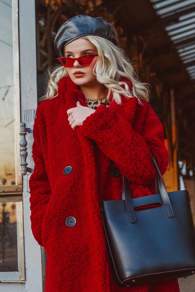 Red Faux Fur Coat with Leather Beret