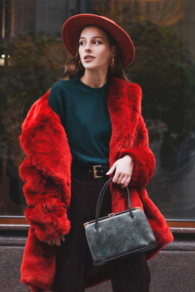 Red Faux Fur with Blue Sweater