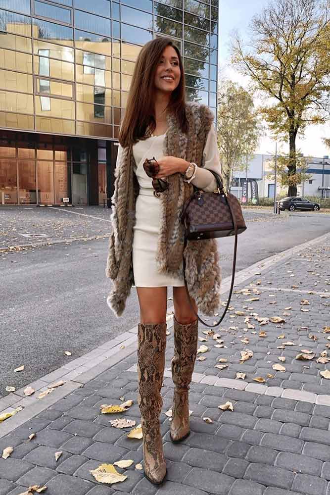 Faux Fur Vest And Snake Skin High Boots