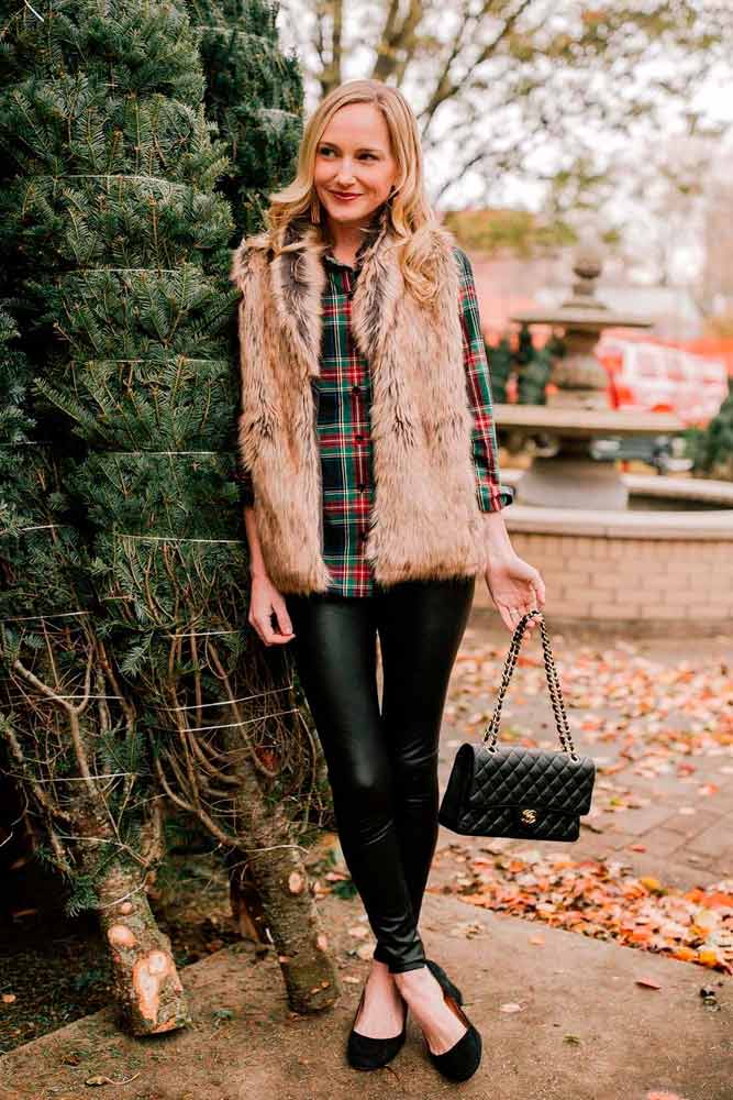 Faux Fur Vest With Plaid Shirt #furvest #plaidshirt