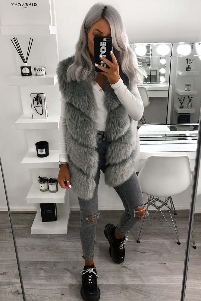 Grey Fur Vest With Matching Ripped Jeans 