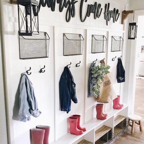 Rustic Mudroom Design With Hooks And Baskets #personalized #hooks